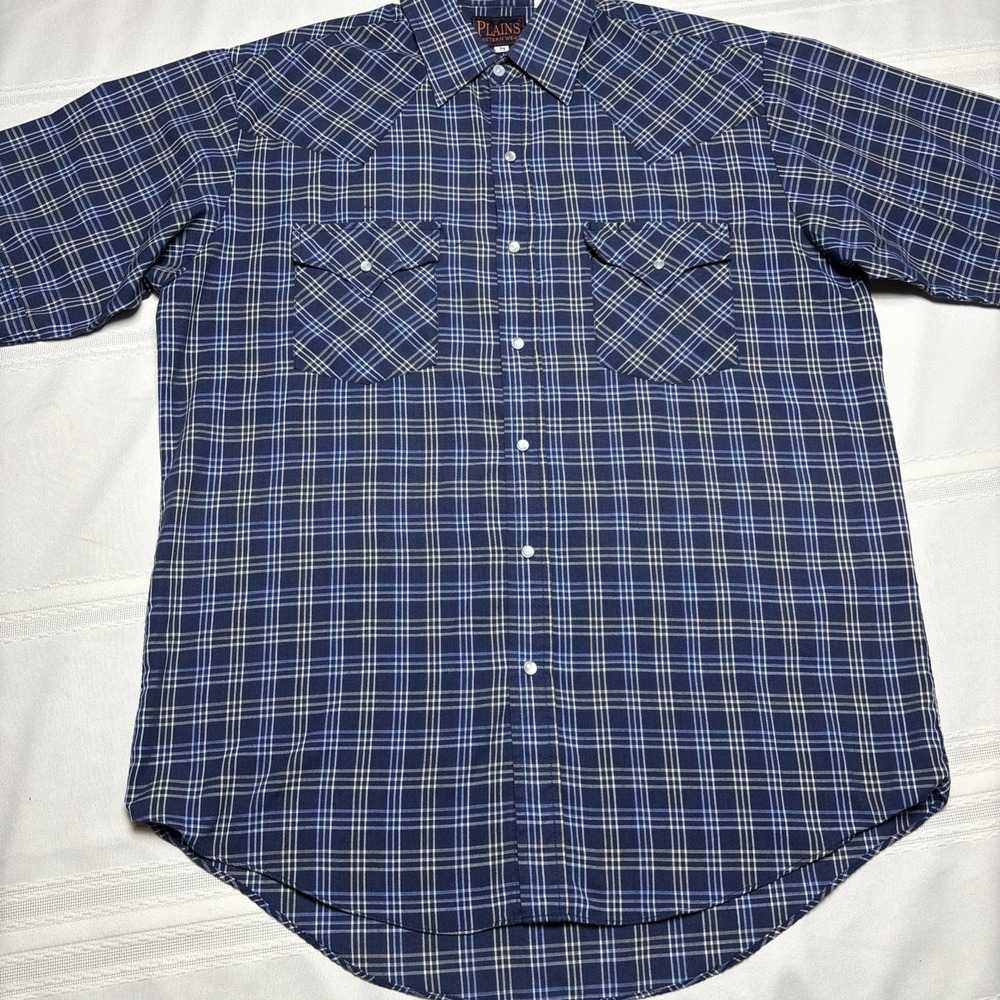 PLAINS WESTERN WEAR NAVY BLUE DOUBLE POCKET SHIRT MENS SIZE Med Pearl Snap